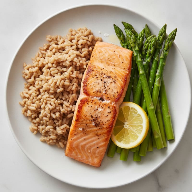 Seared Salmon Fillet with Steamed Asparagus and Brown Rice