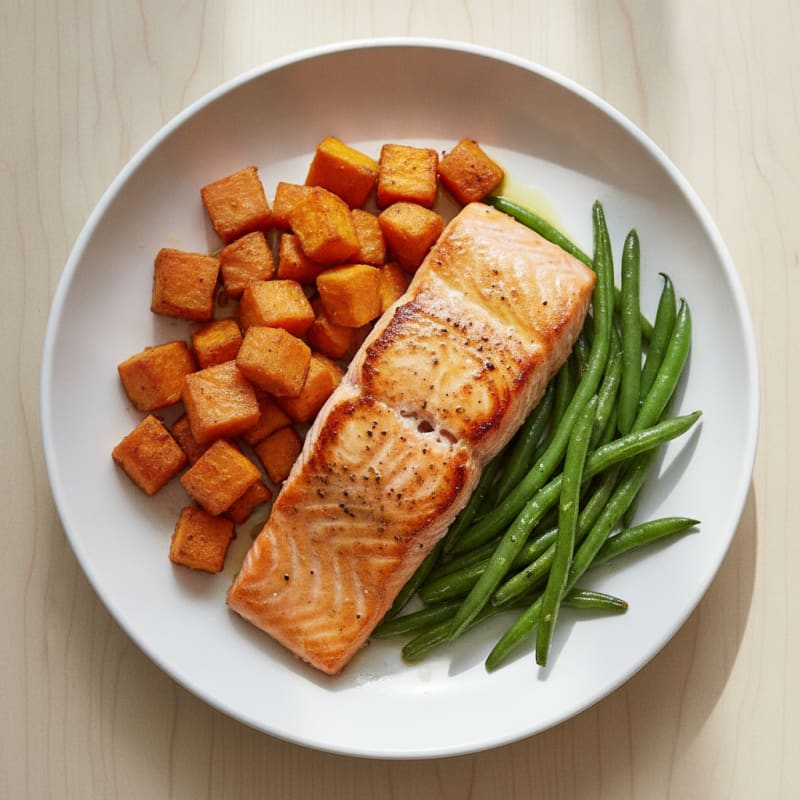 Seared Salmon Fillet with Roasted Sweet Potatoes and Green Beans