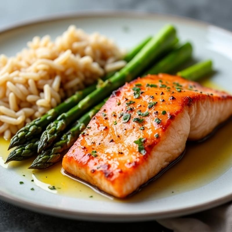 Seared Salmon Filet with Steamed Asparagus and Brown Rice