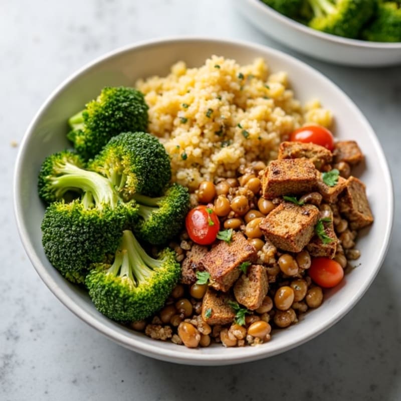 Lentil and Quinoa Power Bowl with Roasted Broccoli and Tahini Drizzle