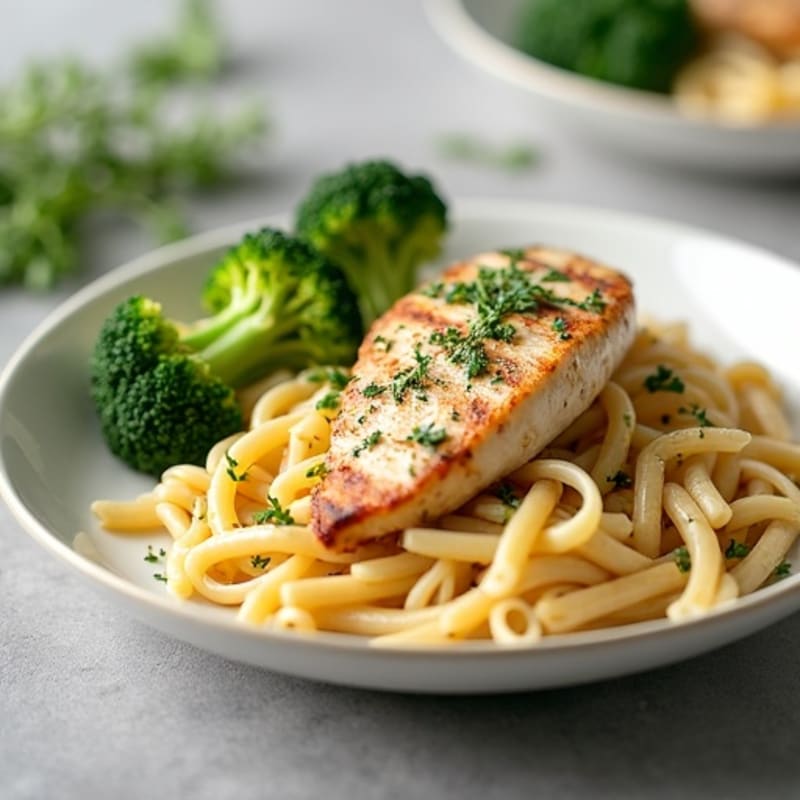 Healthy Creamy Chicken Alfredo Pasta with Roasted Broccoli
