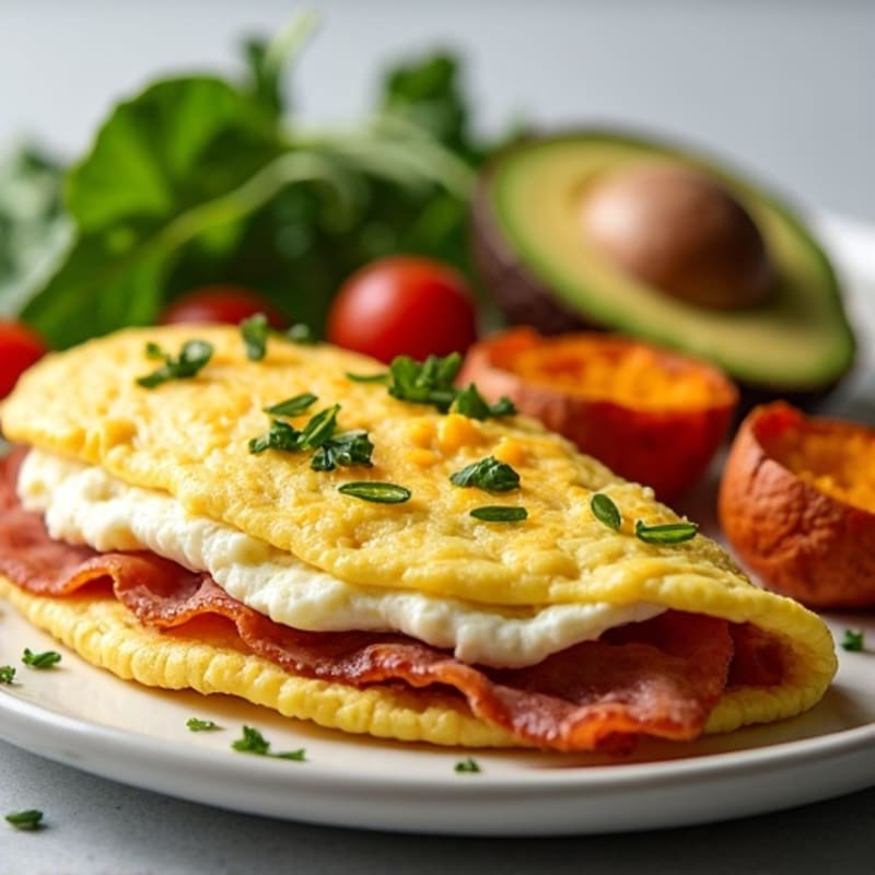 Crispy Turkey Bacon and Spinach Egg White Omelet with Roasted Sweet Potatoes