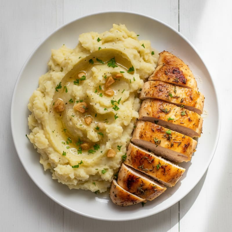 Buttery Garlic Mashed Potatoes with Herb-Seared Chicken