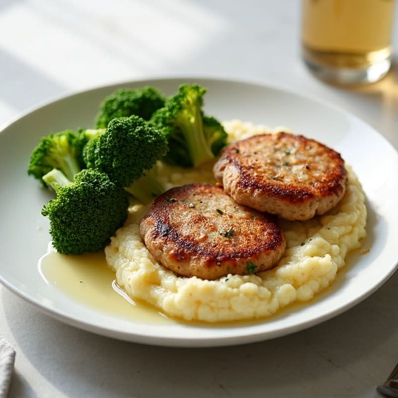 Seared Turkey Patties with Roasted Broccoli and Garlic Mash