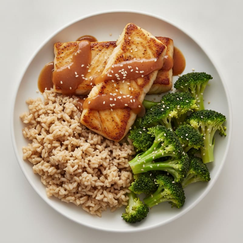 Seared Miso-Glazed Cod with Steamed Broccoli and Brown Rice