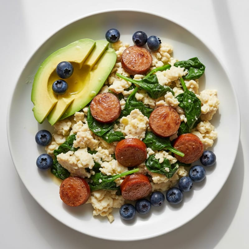 Egg White Scramble with Turkey Sausage and Sautéed Spinach