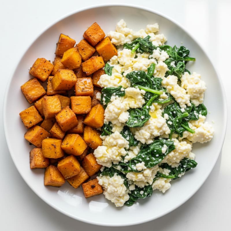 Cottage Cheese Egg White Scramble with Sautéed Spinach and Roasted Sweet Potato