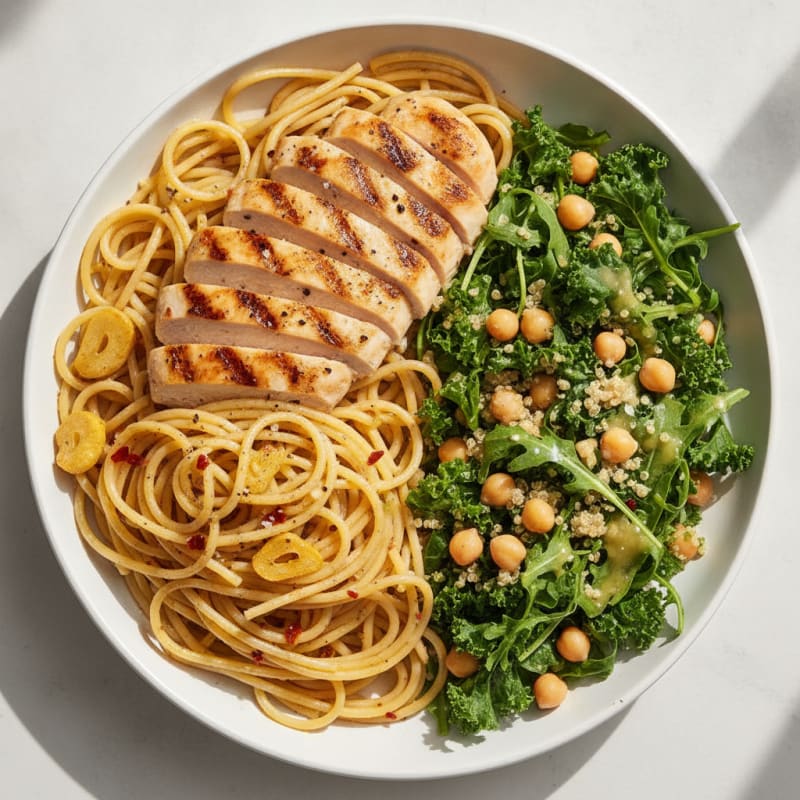 Garlic Olive Oil Pasta with Kale Quinoa Salad