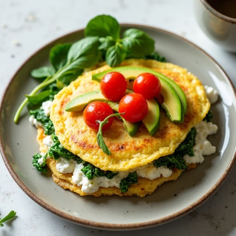 Egg White Spinach Omelette with Cottage Cheese, Cherry Tomatoes & Avocado Drizzle