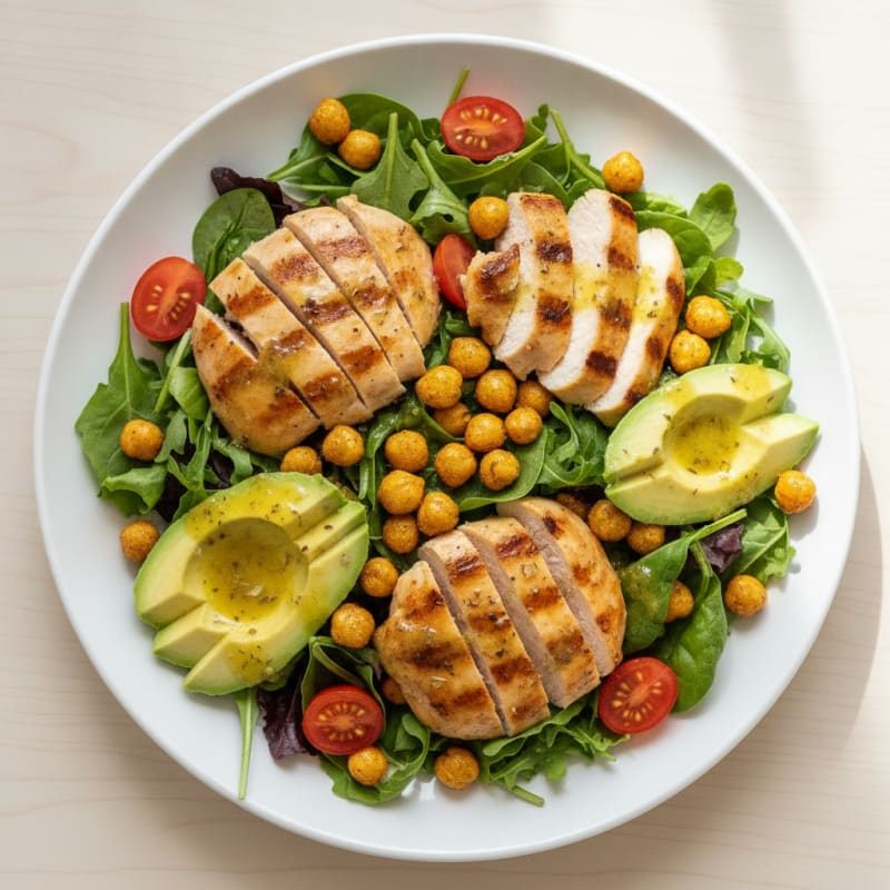 Grilled Chicken Salad with Crunchy Chickpeas and Mixed Greens