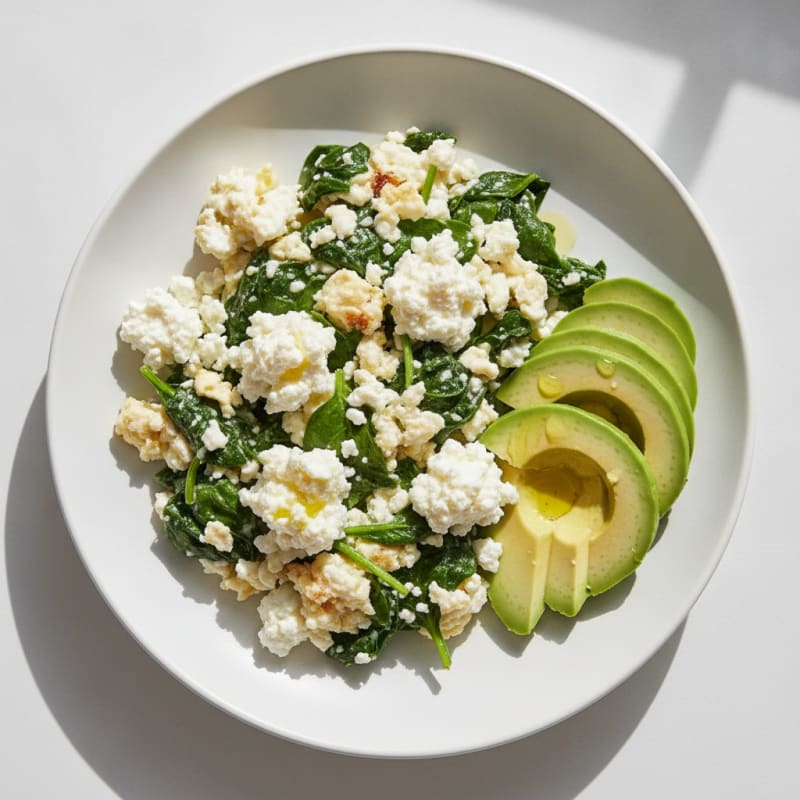 Egg White and Spinach Scramble with Cottage Cheese and Sliced Avocado