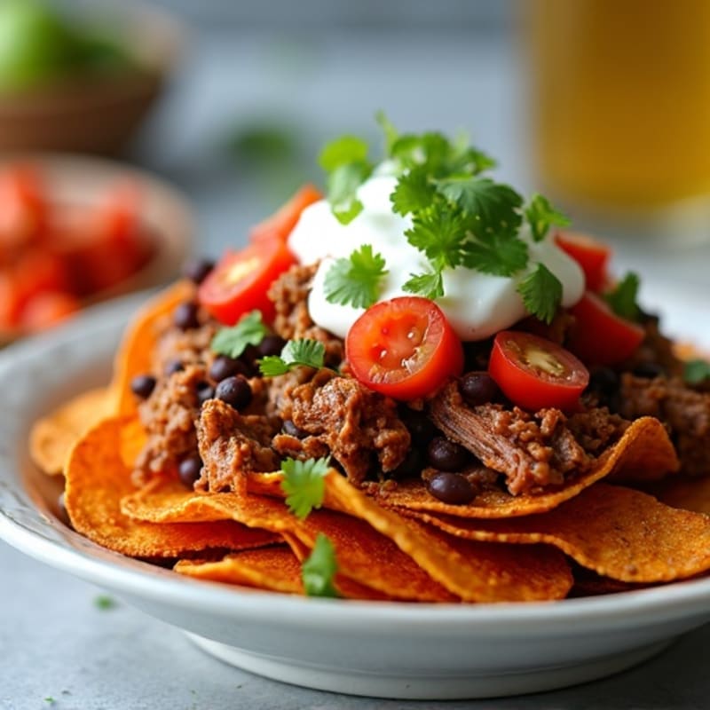 Lean Pulled Pork Crispy Sweet Potato Nachos with Fresh Toppings