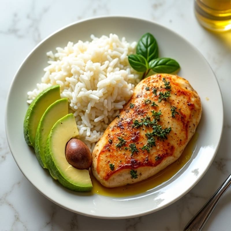 Herb-Roasted Chicken Breast with Steamed Rice and Sliced Avocado