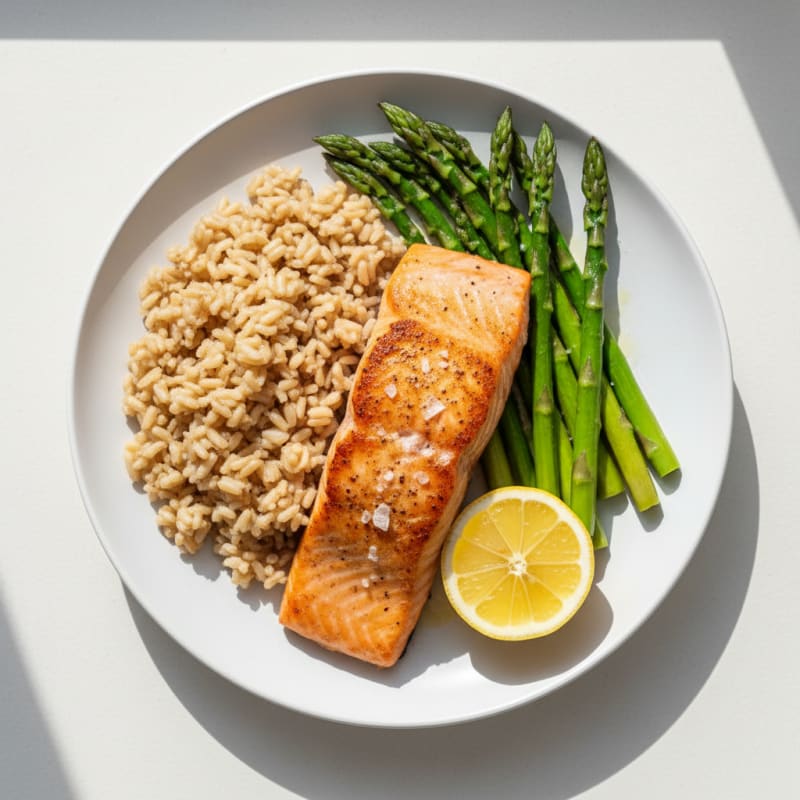 Seared Salmon with Steamed Asparagus and Brown Rice