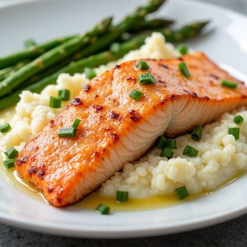 Seared Salmon with Steamed Asparagus and Cauliflower Mash