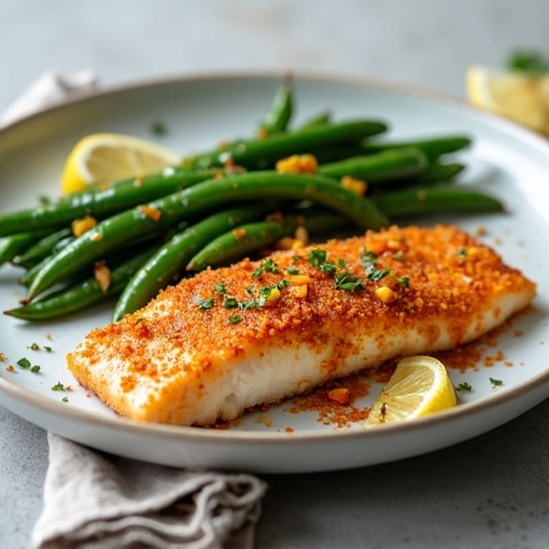 Spicy Crispy Blackened Catfish with Roasted Green Beans