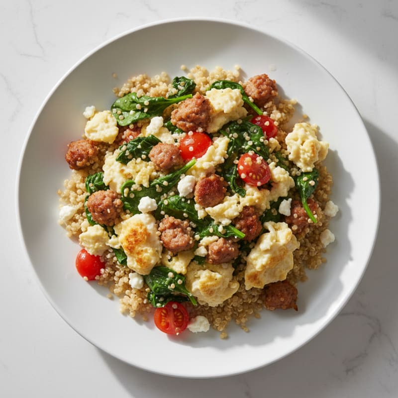 Egg White and Turkey Sausage Scramble with Sautéed Spinach and Quinoa