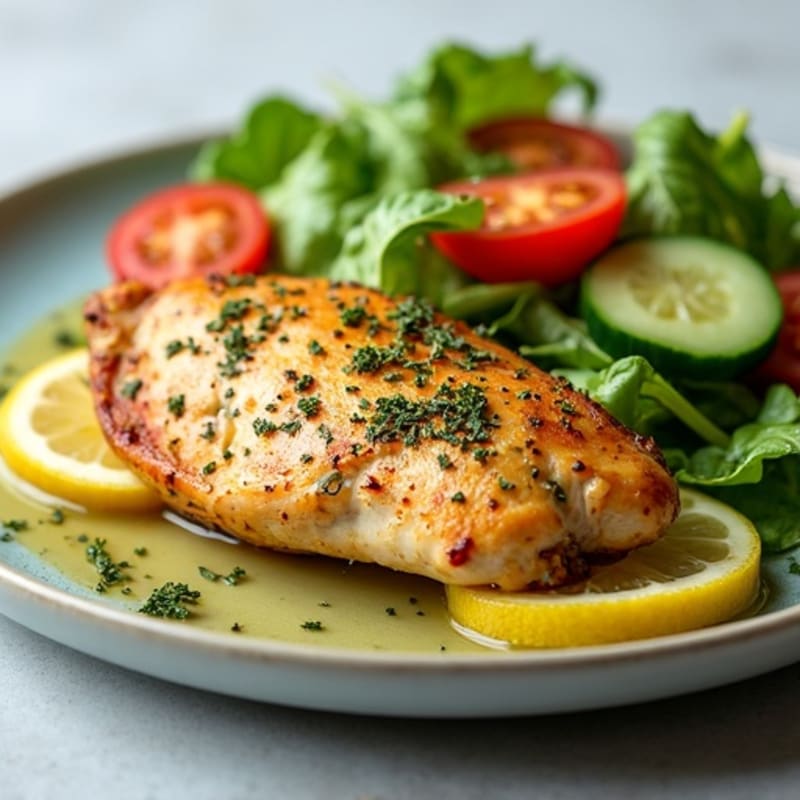 Lemon-Herb Roasted Chicken with Fresh Greens, Crisp Cucumbers, and Tomatoes