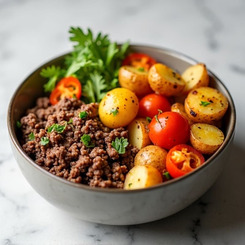 Savory Ground Beef and Crispy Roasted Potato Bowl with Mixed Vegetables