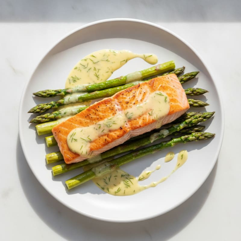 Seared Salmon with Roasted Asparagus and Lemon Yogurt Sauce