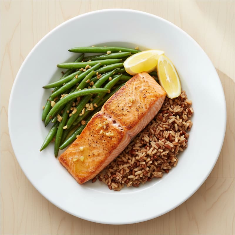 Seared Salmon Fillet with Garlic Green Beans and Brown Rice