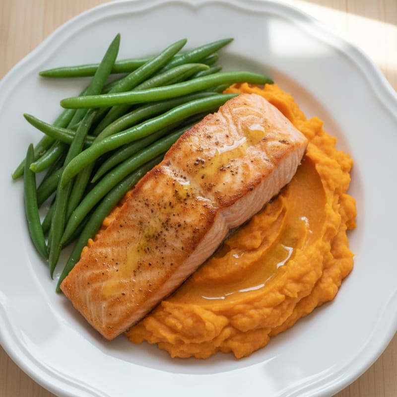 Seared Salmon with Steamed Green Beans and Mashed Sweet Potato