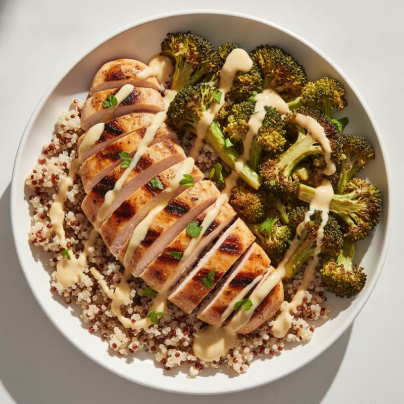Grilled Chicken and Quinoa Bowl with Roasted Broccoli and Lemon Tahini Drizzle