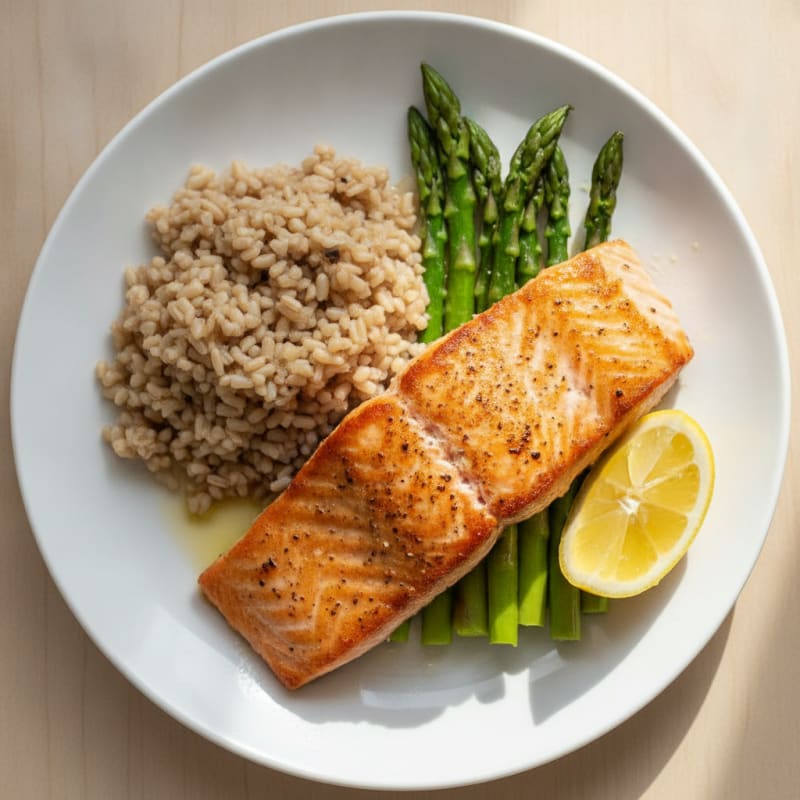 Seared Salmon with Steamed Asparagus and Brown Rice