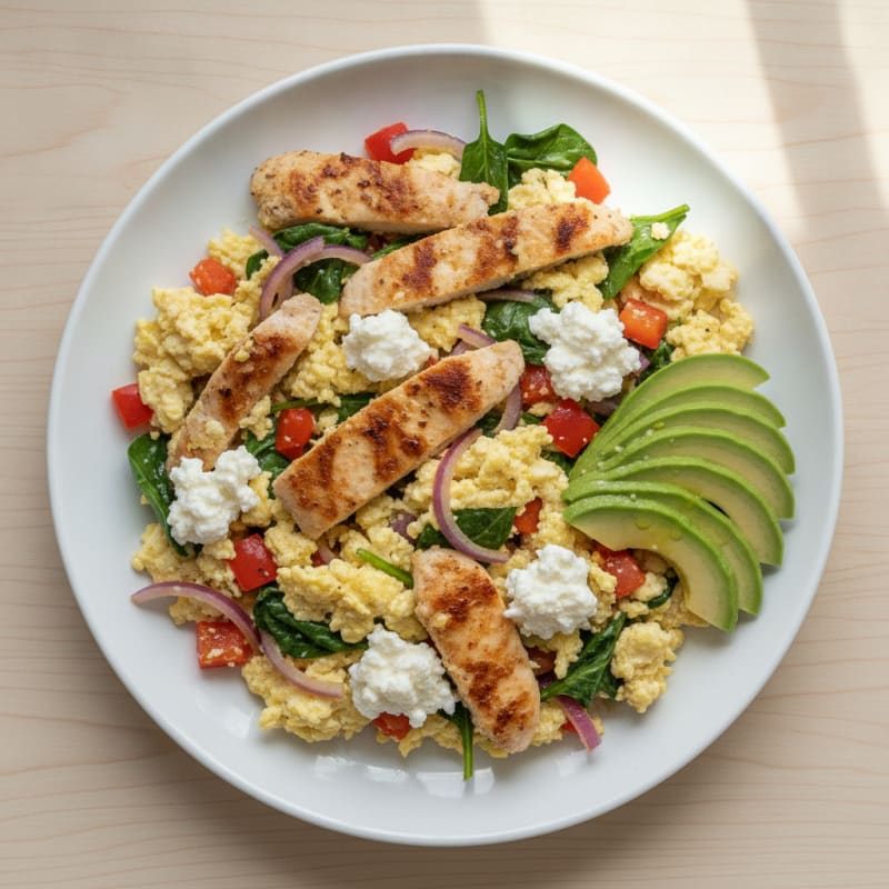 Egg White and Chicken Veggie Scramble with Cottage Cheese