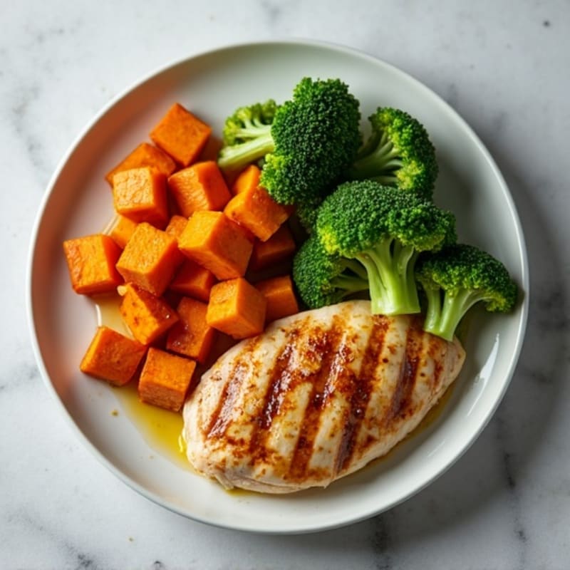 Grilled Chicken Breast with Roasted Sweet Potato and Steamed Broccoli