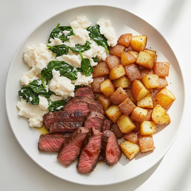 Egg White and Spinach Scramble with Sautéed Potatoes and Steak