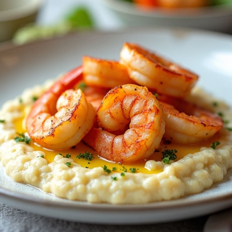 Creamy Cauliflower Grits with Spiced Garlic Shrimp