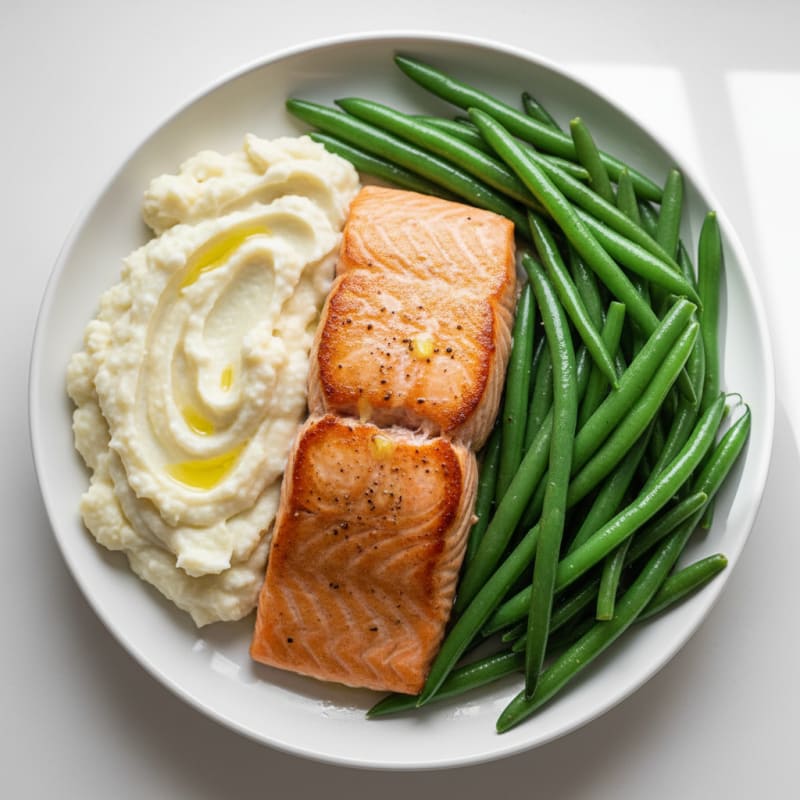 Seared Salmon with Steamed Green Beans and Garlic Mashed Cauliflower