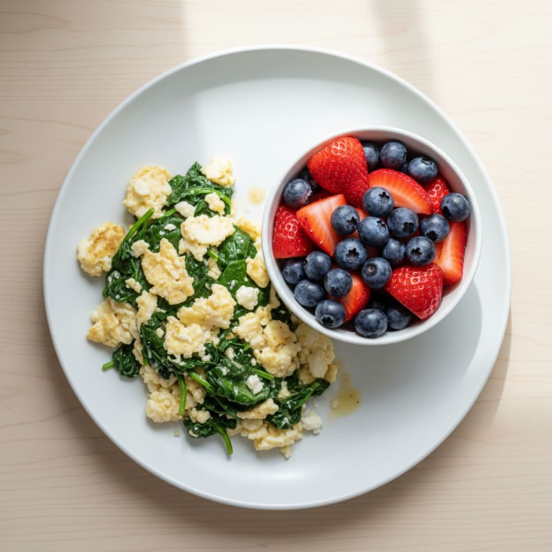 Egg White Spinach Scramble with Fresh Berries