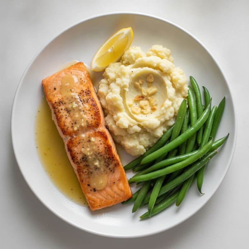 Seared Salmon Fillet with Steamed Green Beans and Garlic Mashed Cauliflower