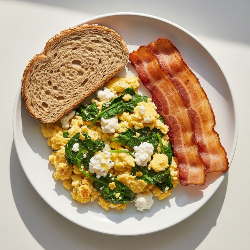 Cottage Cheese Egg Scramble with Spinach and Turkey Bacon