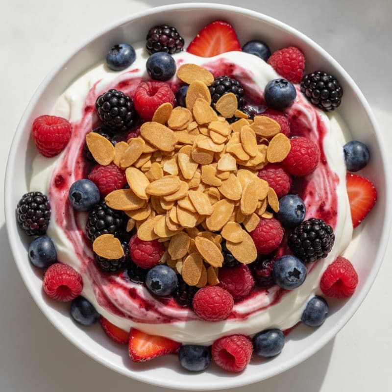 Greek Yogurt Protein Parfait with Mixed Berries and Almonds