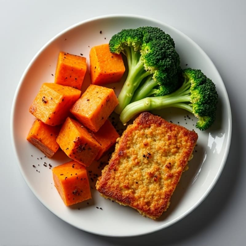 Crispy Baked Tofu with Roasted Sweet Potatoes and Broccoli