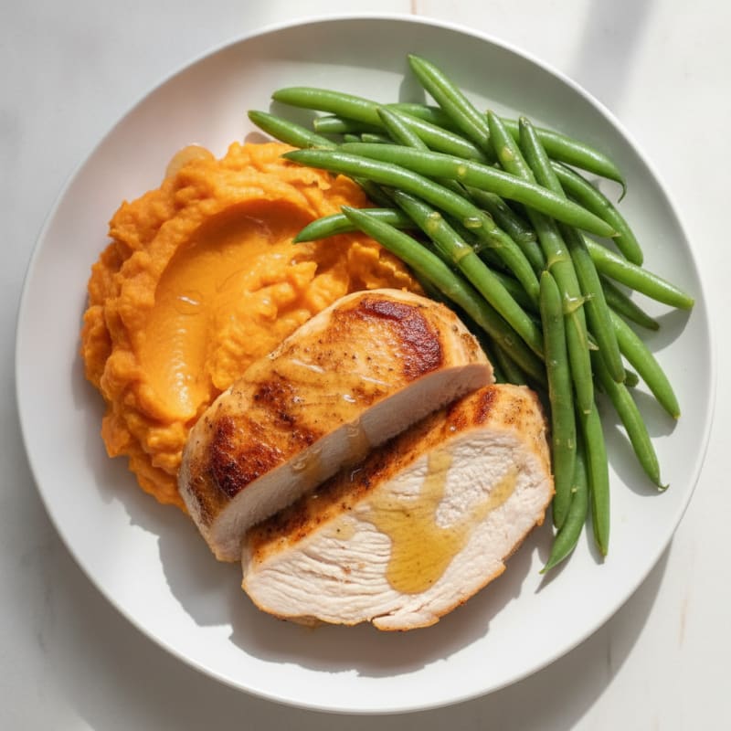 Seared Turkey Breast with Steamed Green Beans and Sweet Potato Mash