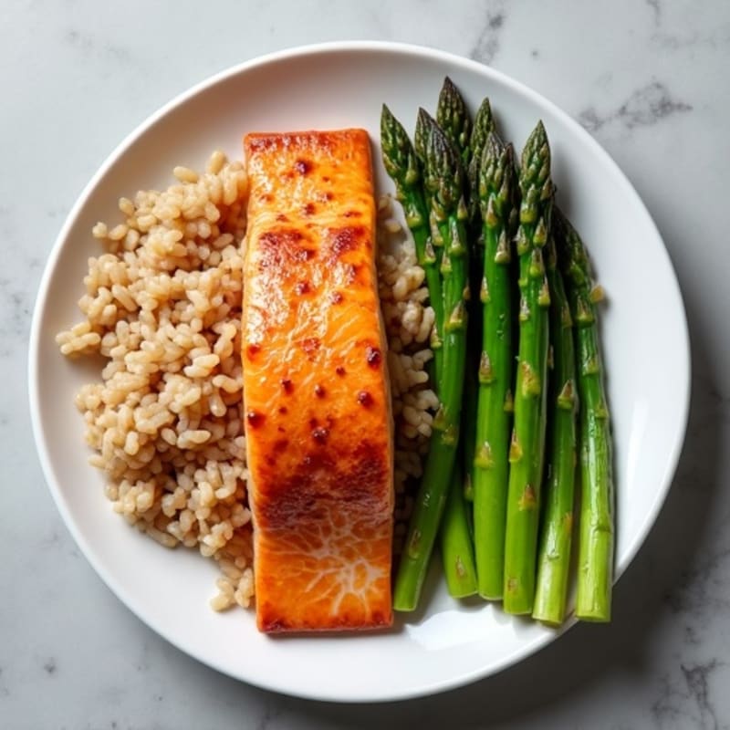 Seared Salmon with Steamed Asparagus and Brown Rice