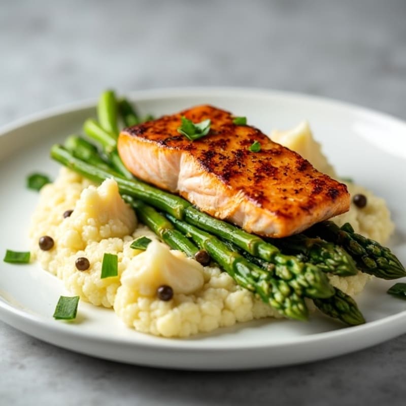 Seared Salmon with Steamed Asparagus and Cauliflower Mash