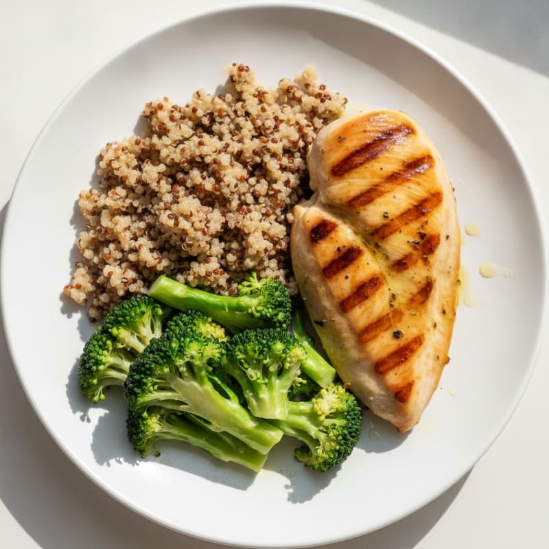 Grilled Chicken Breast with Steamed Broccoli and Quinoa