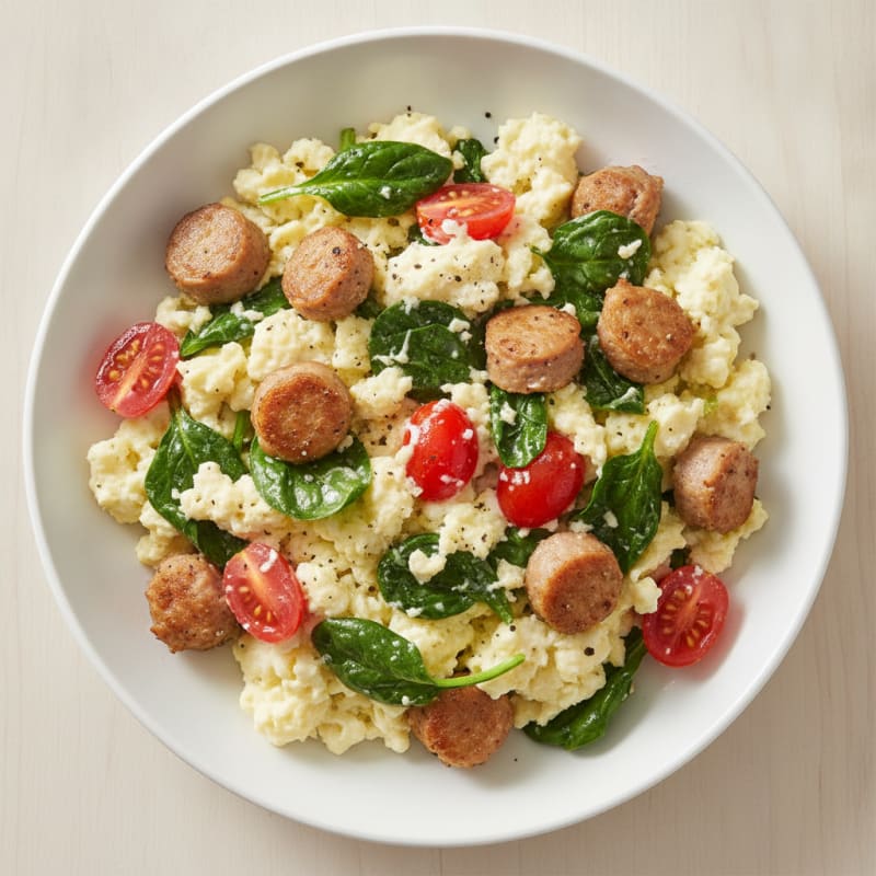 Egg White and Turkey Sausage Scramble with Baby Spinach