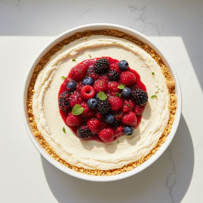 Vanilla Protein Cheesecake with Mixed Berry Compote