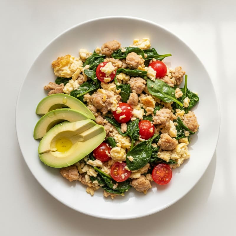 Egg White and Turkey Sausage Scramble with Spinach and Tomatoes