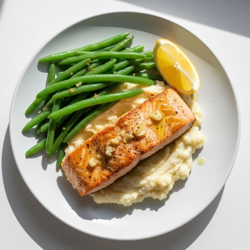 Seared Salmon with Steamed Green Beans and Cauliflower Mash