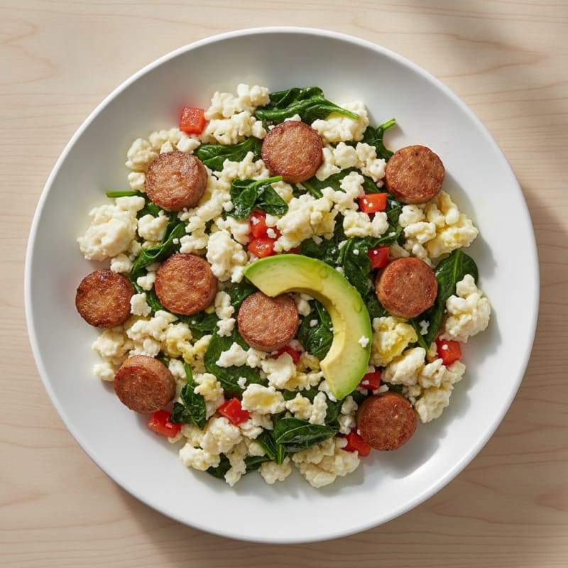 Egg White Scramble with Turkey Sausage and Sautéed Spinach