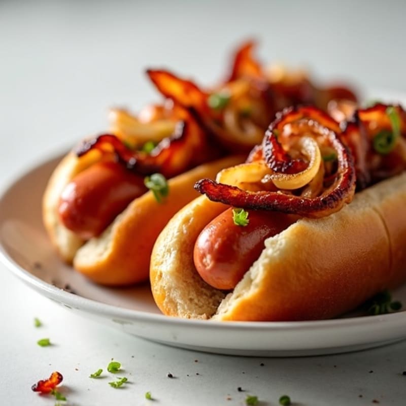 Lean Turkey Dogs with Turkey Bacon and Caramelized Onions