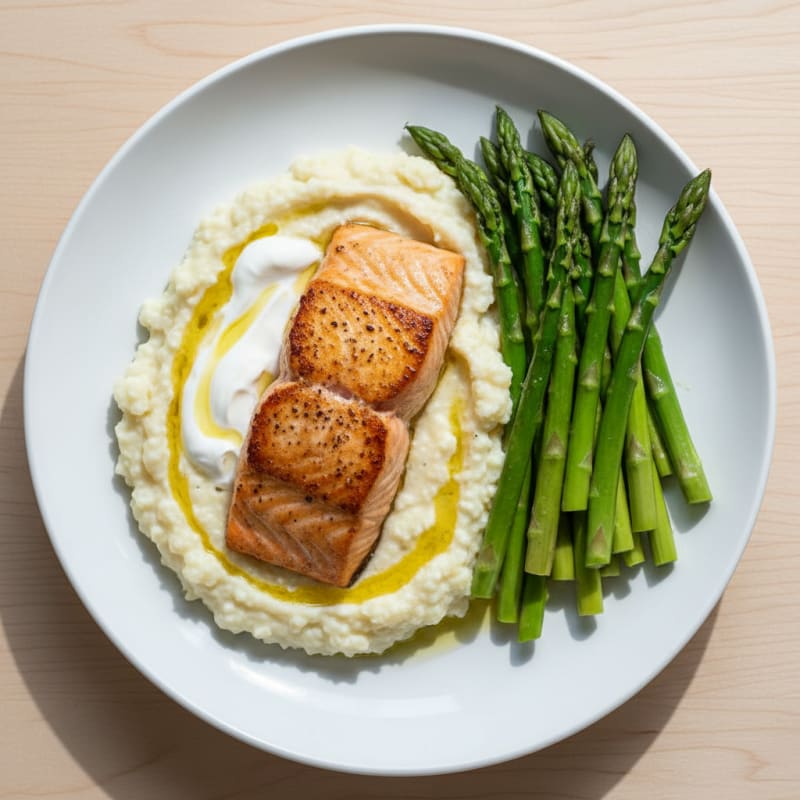 Seared Salmon with Steamed Asparagus and Garlic Cauliflower Mash
