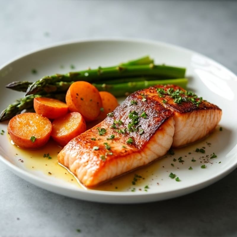 Seared Salmon with Roasted Sweet Potatoes and Asparagus